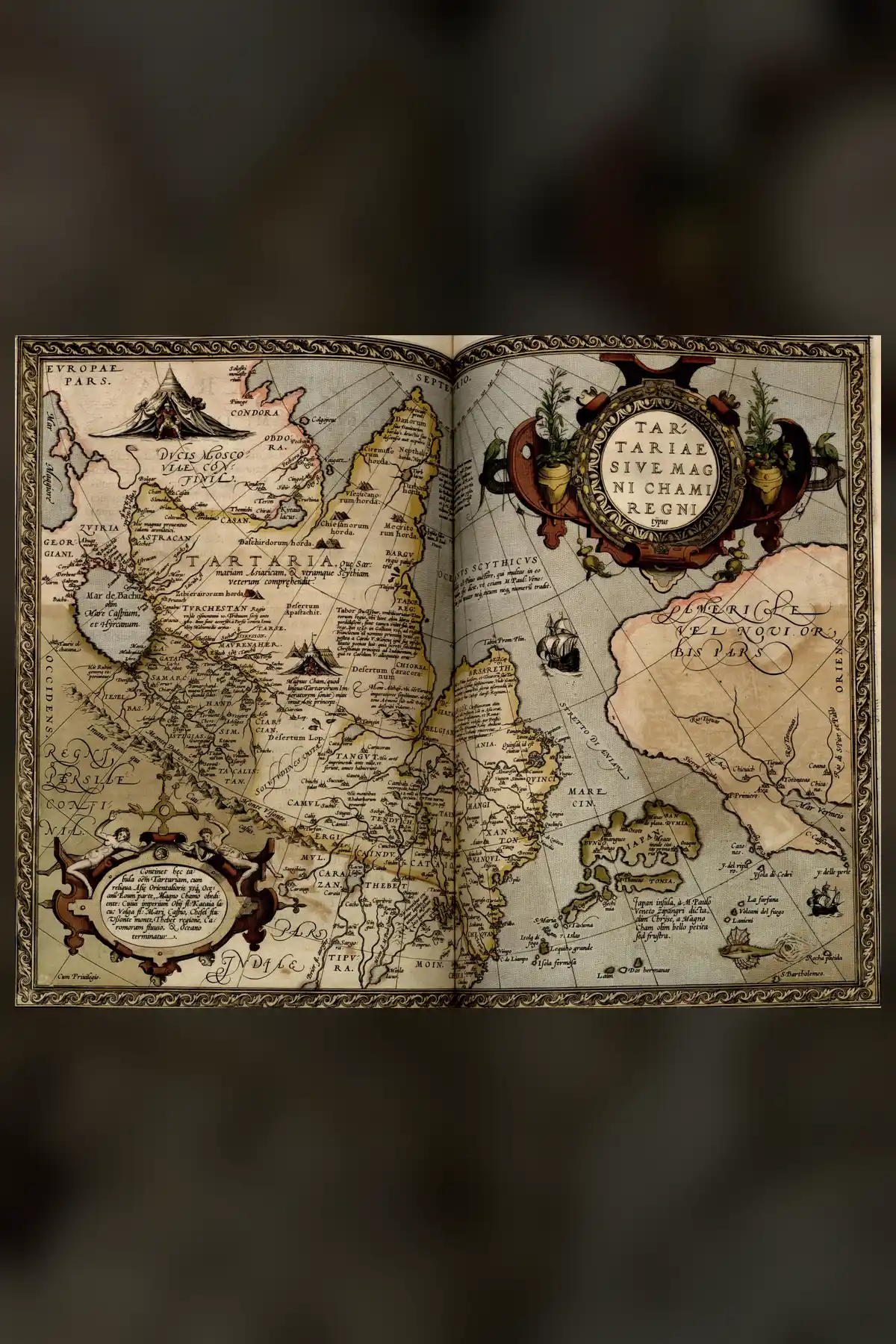 Ortelius's 1570 map of Tartary across two pages of the atlas, with the Great Khan in a tent and a large round title cartouche.