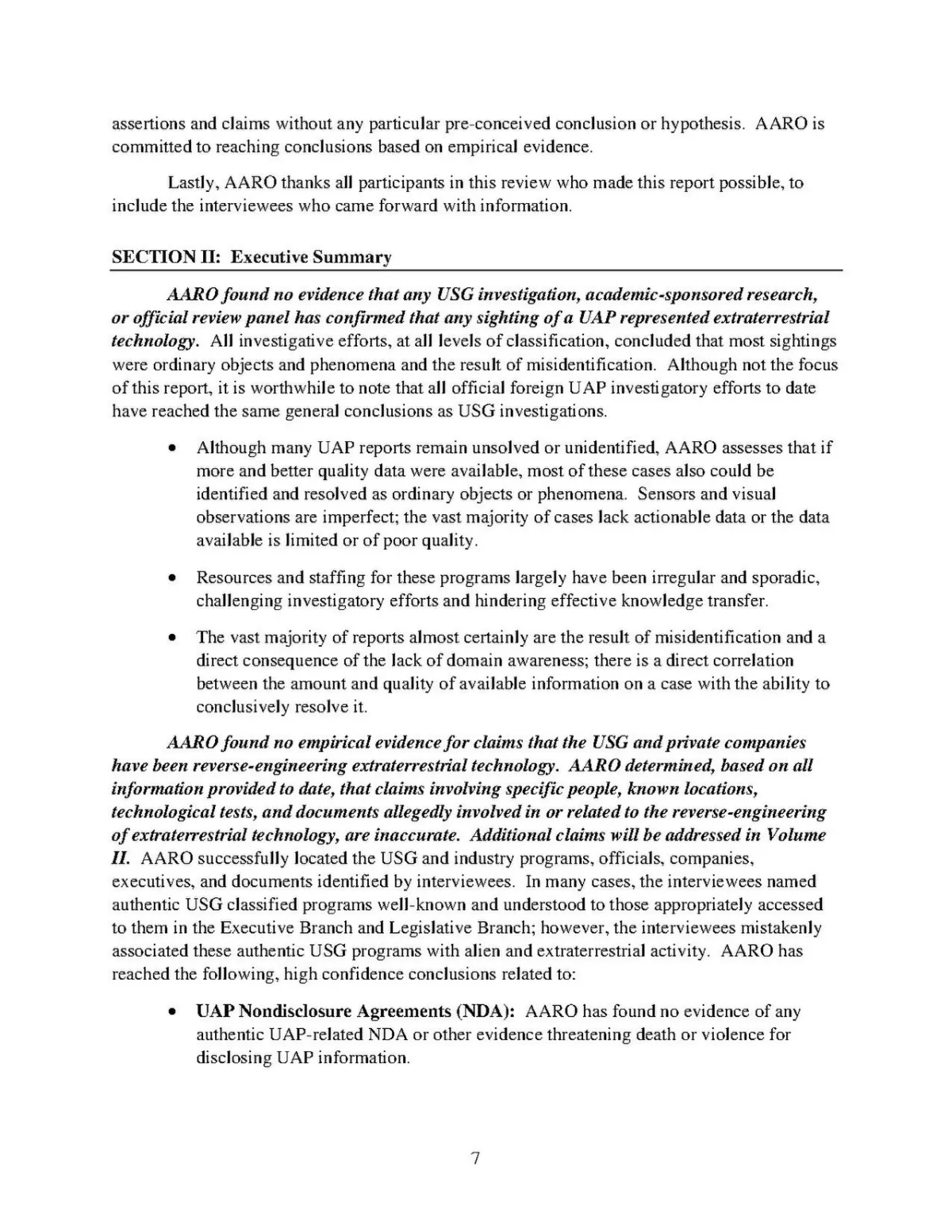 A page of typed text headed Executive Summary from the AARO report, setting out its findings.