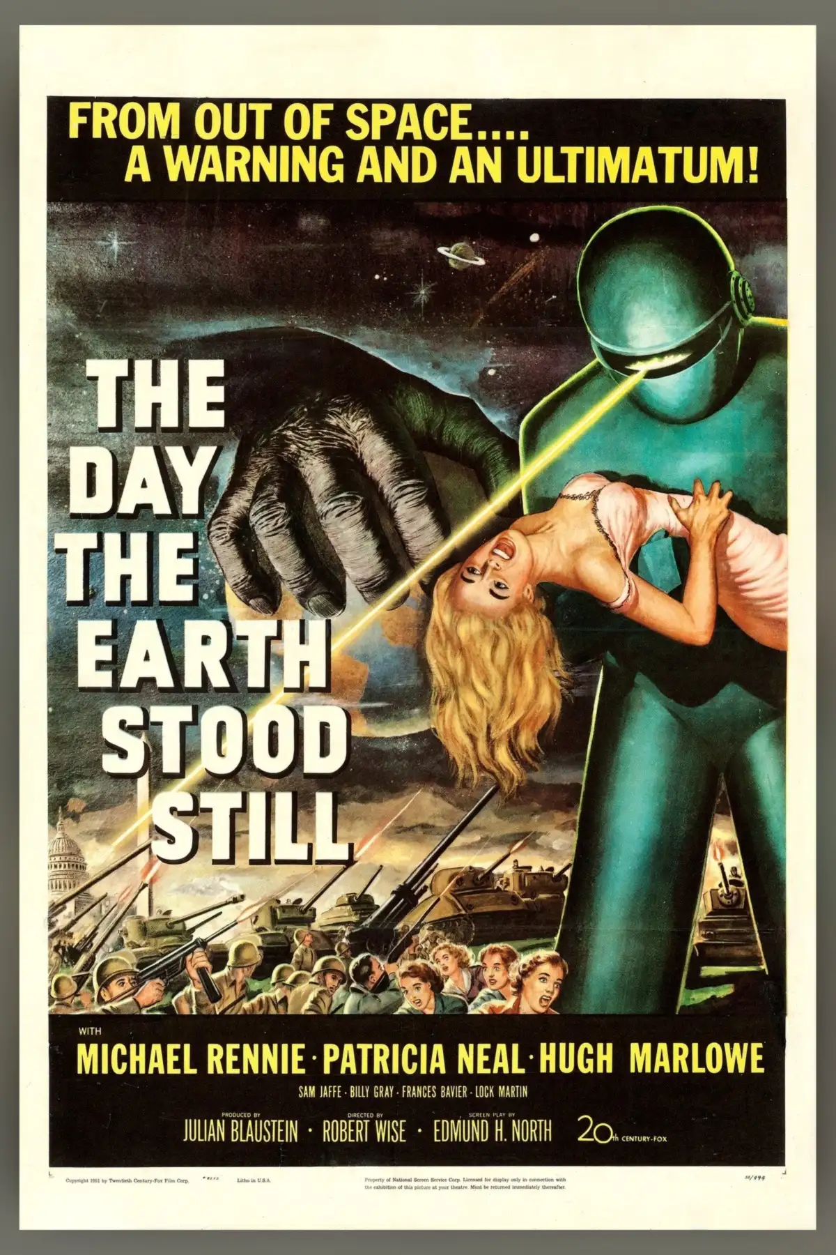 A 1951 film poster: a giant green robot with a light beam shooting from its visor carries a fainting blonde woman, above troops and tanks, beside the title The Day the Earth Stood Still in white letters.