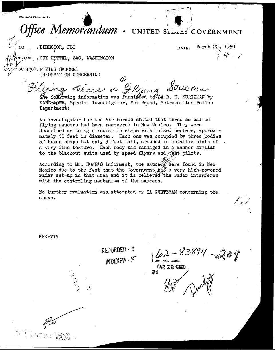 The same FBI memo as released in 2022 without redactions: it names SA R. H. Kurtzman and Karl Howe, Special Investigator, Sex Squad, Metropolitan Police Department