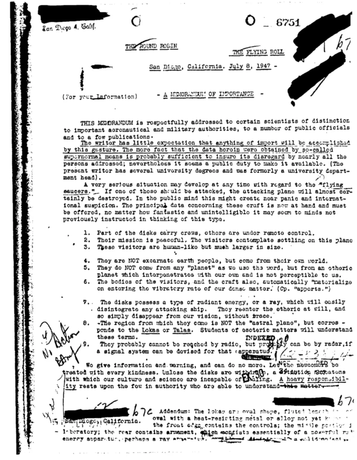 A typed page headed The Round Robin and The Flying Roll, San Diego, California, July 8, 1947, A Memorandum of Importance, with nine numbered points and No Action written in the margin