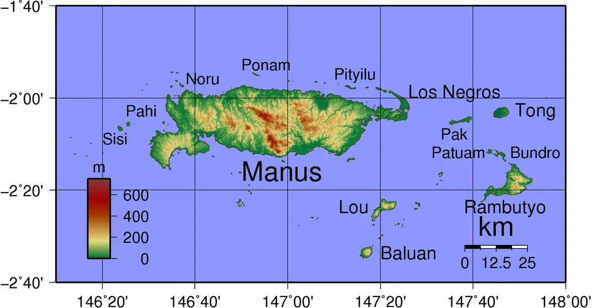 A relief map of Manus and the smaller Admiralty Islands, the land shaded by height, the sea plain, with place names.