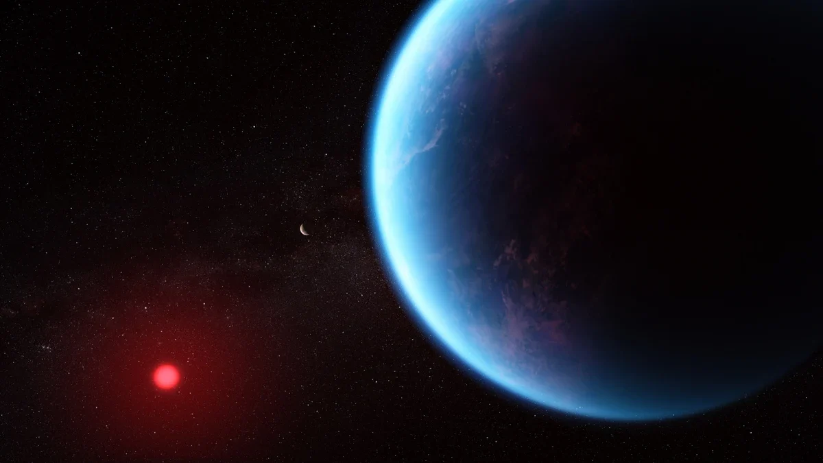 An artist's painting of a large blue planet with clouds, lit from one side, with a small red star and a tiny distant crescent planet against the stars.