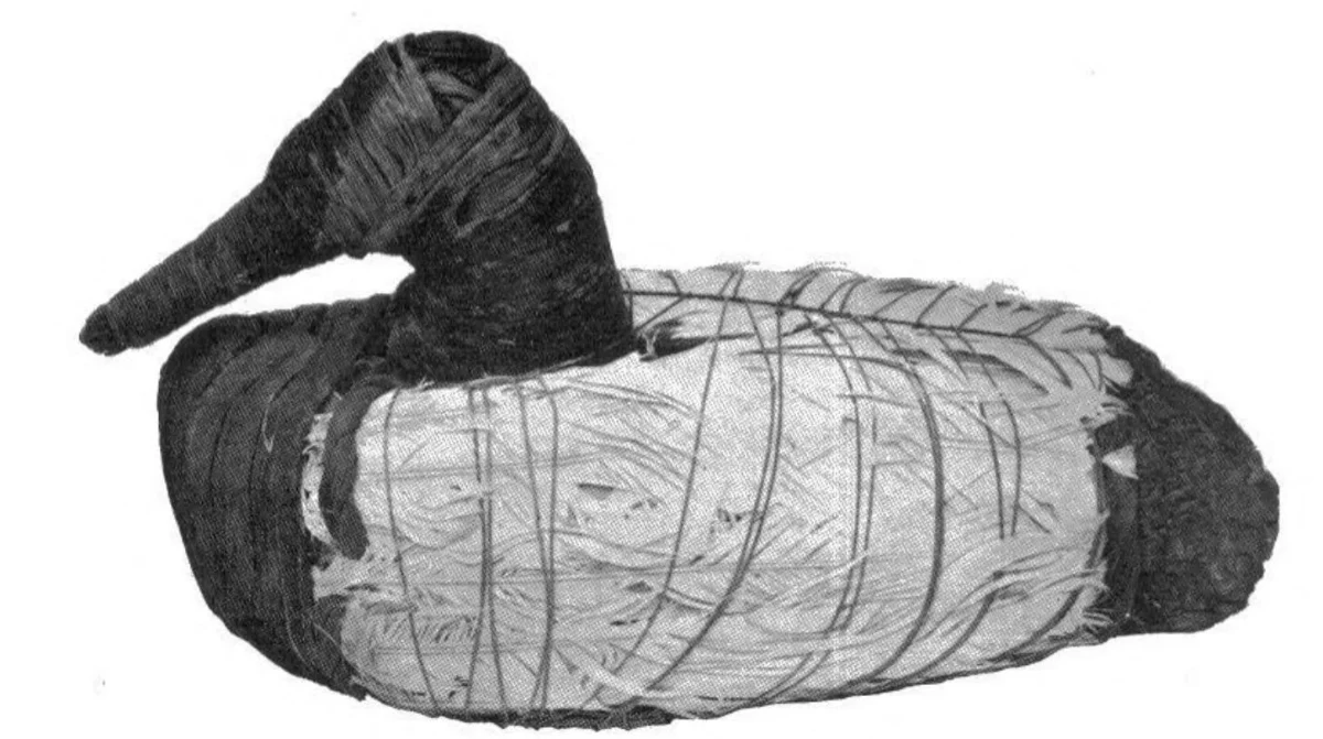 A duck decoy made of bound rushes, a dark head and neck, the pale body wrapped with cords, a dark tail.