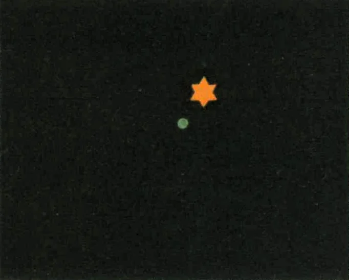 On a dark ground, a bright orange star drawn with points and, just below and to its left, a small green companion star.
