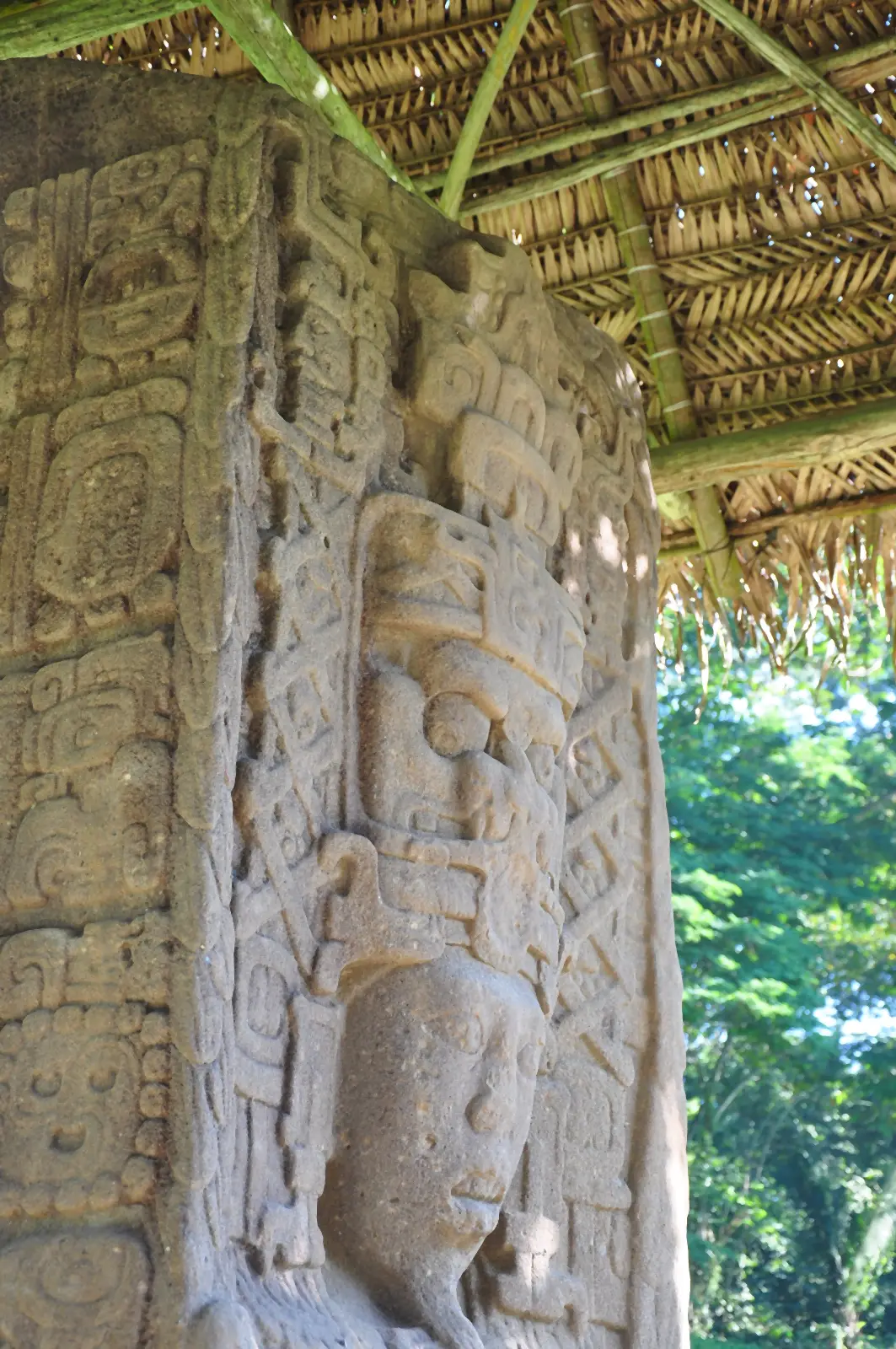 A tall carved stone stela under a thatched shelter: a ruler's face framed by a towering headdress on the front, and a side covered in columns of glyph blocks