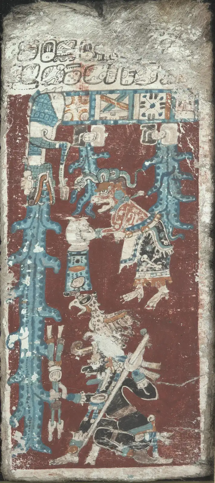 A painted codex page on a red ground: water pours from a band of sky signs at the top, an old goddess empties a jar, and a black god with spears stands below