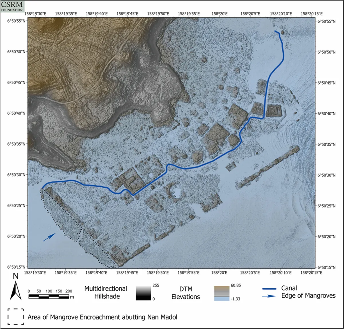 A grey and blue elevation model from lidar showing the rectangular islets along the shore, a blue line marking a canal and the slope of Temwen at upper left.