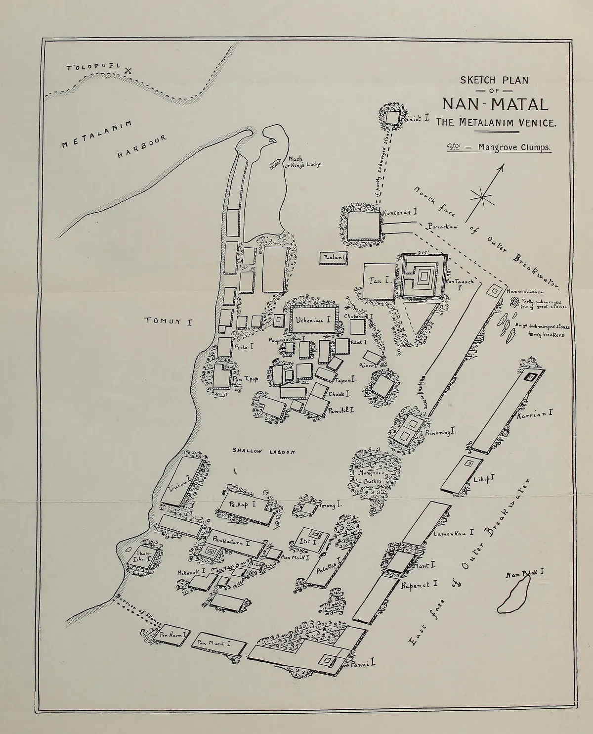 A hand-lettered sketch plan of rectangular islets in a shallow lagoon, with Temwen island at left and the breakwater at the right.