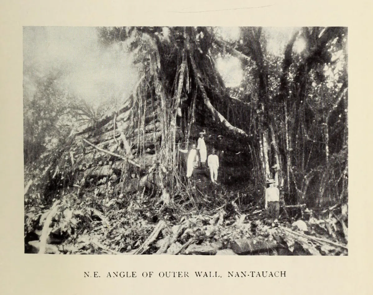 A black and white 1895 photograph of a stone wall overgrown with roots, with people standing at its foot, printed with the title N.E. angle of outer wall, Nan-Tauach.