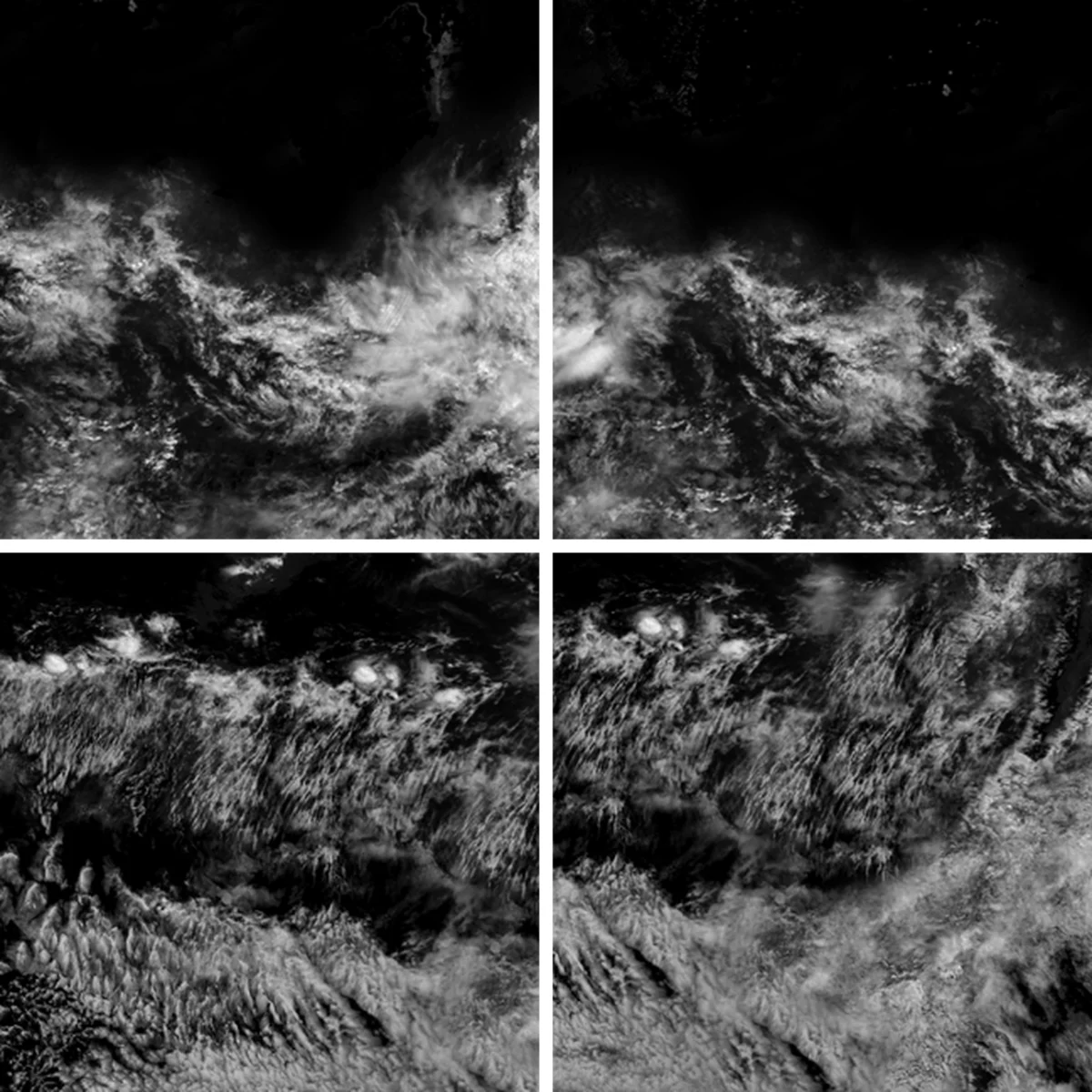 Four black and white crops of cloud in two rows. In each row the left and right crops show the same pattern of bright cloud and dark gaps, shifted slightly.