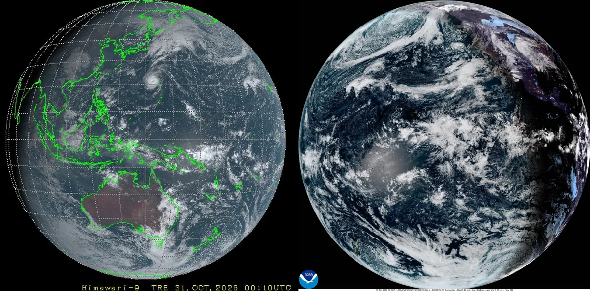 Two Earths side by side on black. The left shows Australia, Asia and a typhoon with green coastlines. The right shows the Pacific and western North America.