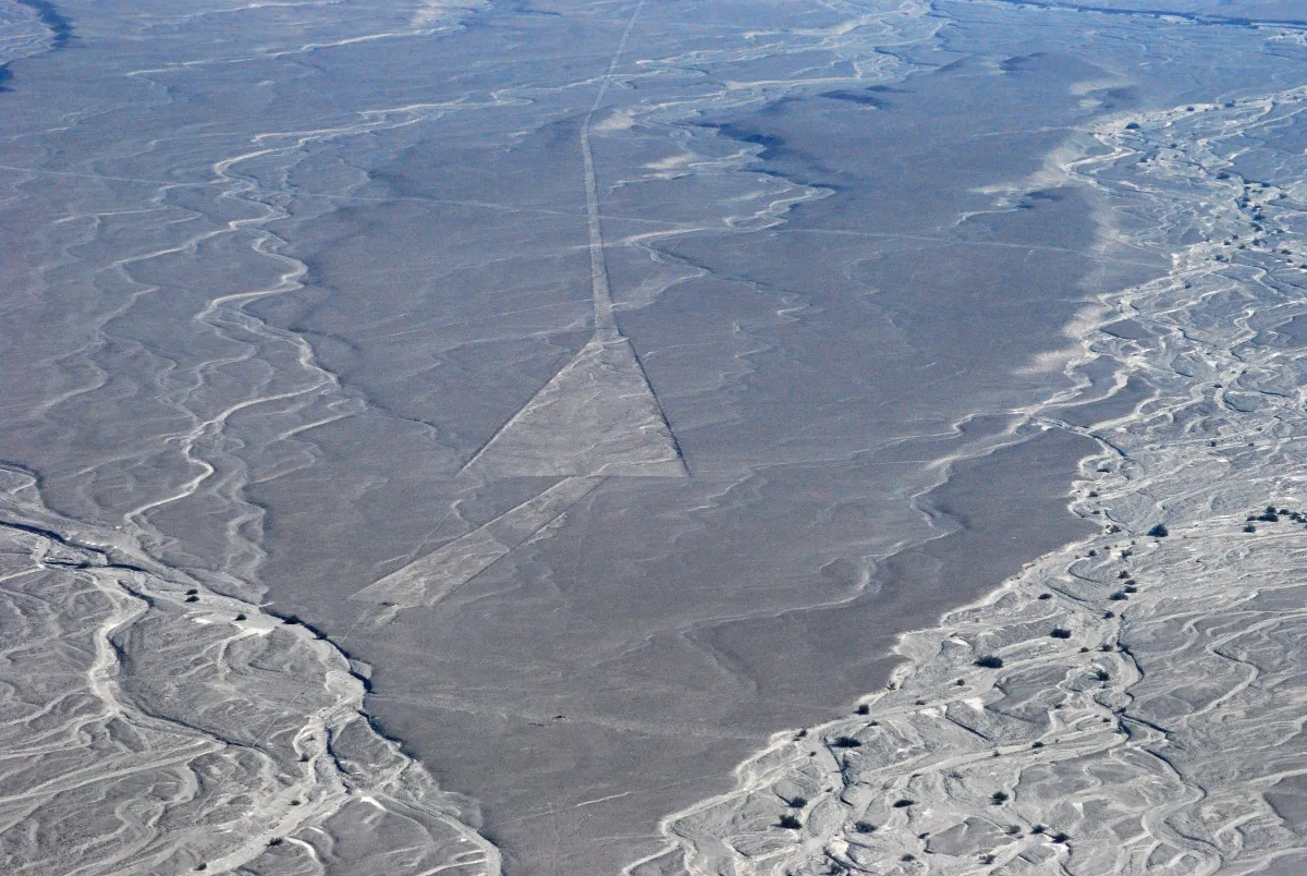 An aerial view of a long cleared wedge-shaped strip on grey desert, a straight line running from its point, among pale dry streambeds.