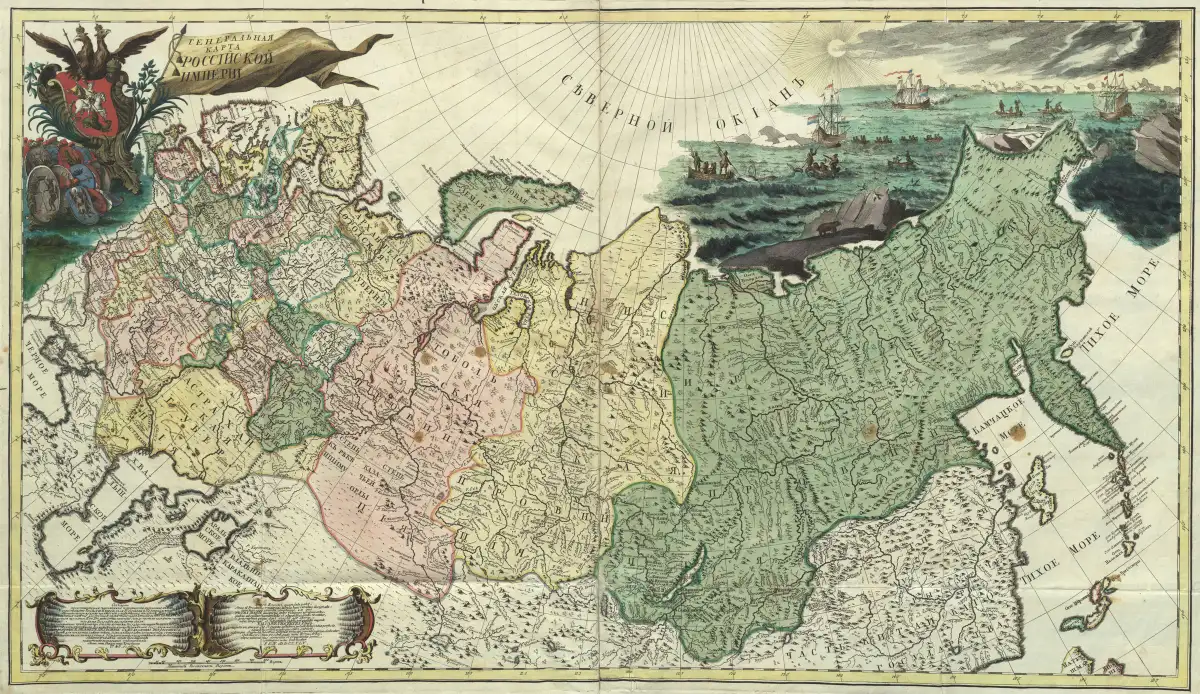 A hand-coloured map of the Russian Empire in 1745, with provinces in pink, yellow and green, a double-headed eagle at top left and ships in the Arctic.