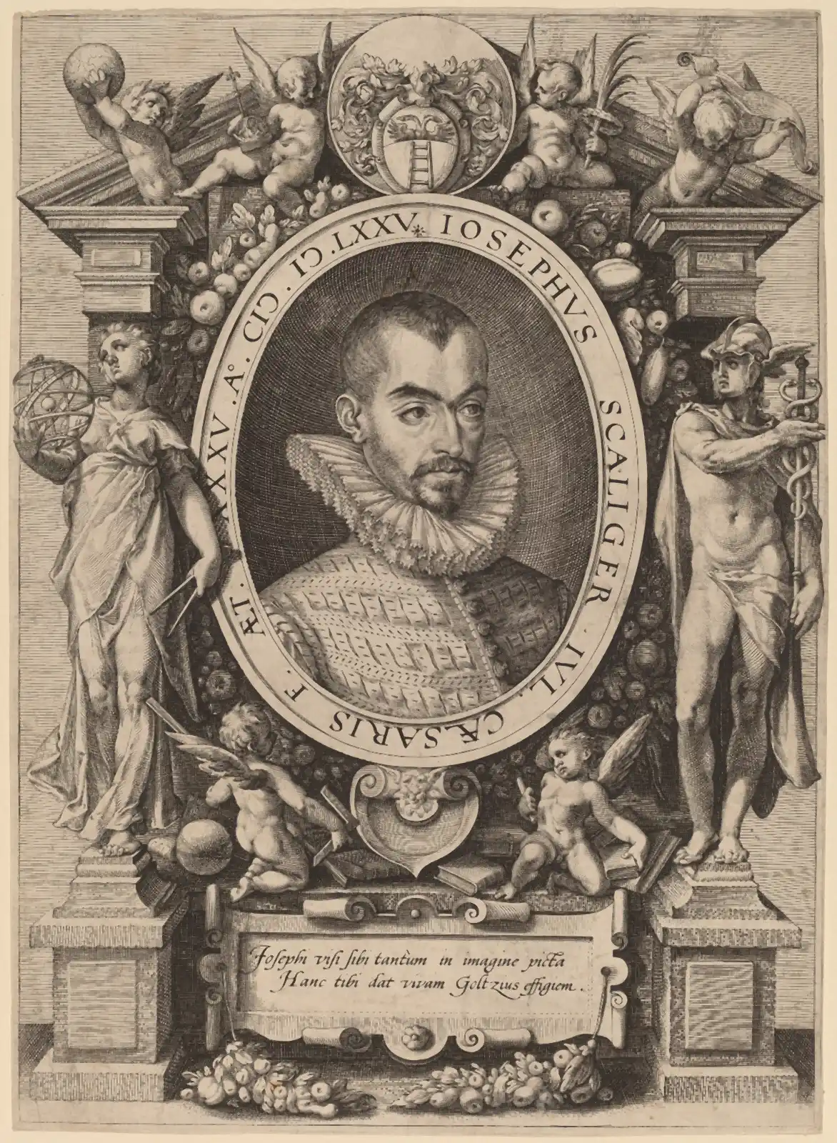 An ornate engraved portrait of a man in a ruff inside an oval frame, with classical figures on either side.