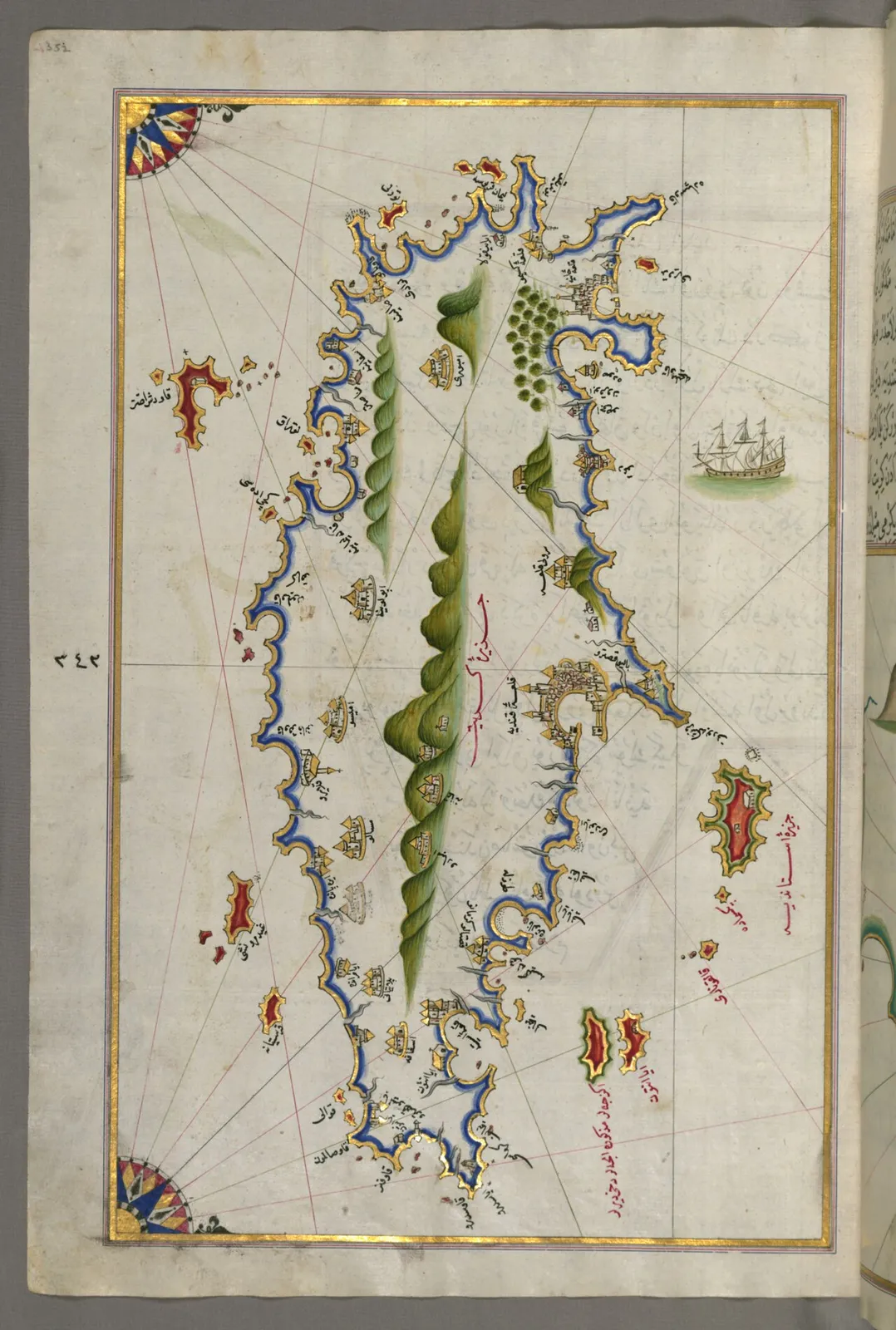 A full-page chart of the island of Crete, with harbours, rivers and anchorages, from a later copy of Piri Reis's Kitab-i Bahriye.
