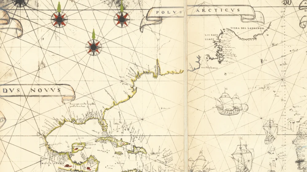 The Atlantic coasts of the Americas on Diogo Ribeiro's world map of 1527: the Caribbean islands, the Gulf of Mexico and Florida, with the northern lands toward the top.