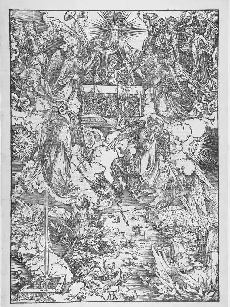 Durer's woodcut of angels with trumpets above a burning sea of foundering ships, with a great star on a long beam of light striking the ground at lower left