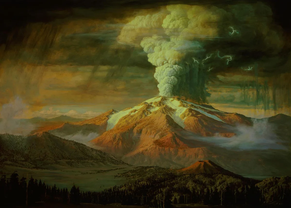 A painting of a snow-streaked volcano with a column of ash rising from its summit into a dark sky