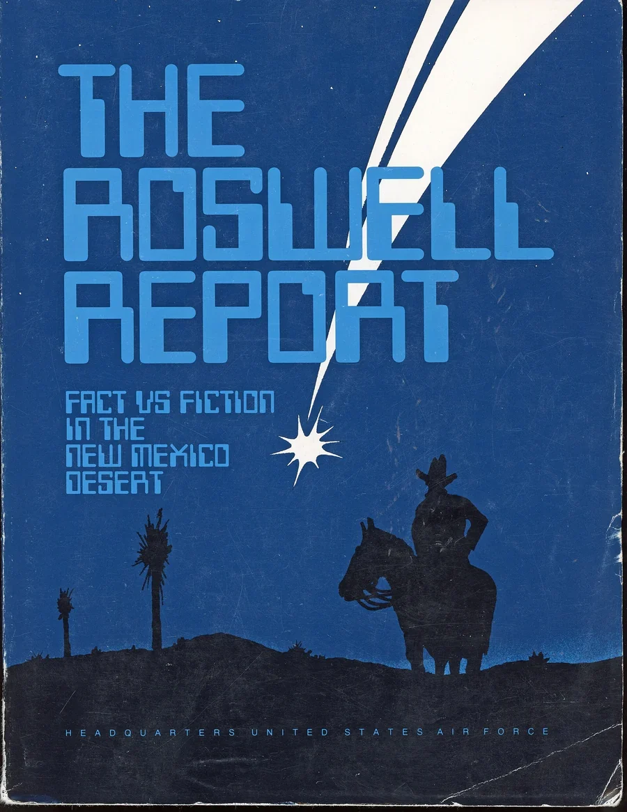 The blue cover of The Roswell Report: Fact vs Fiction in the New Mexico Desert, with a cowboy on horseback silhouetted under a falling star.