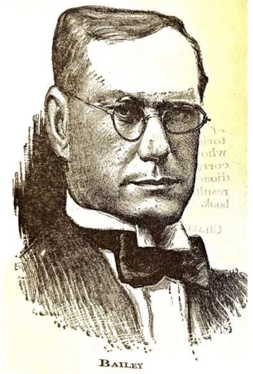 Engraved portrait of a man in round spectacles, a high collar and a black bow tie, with the single word Bailey printed beneath.