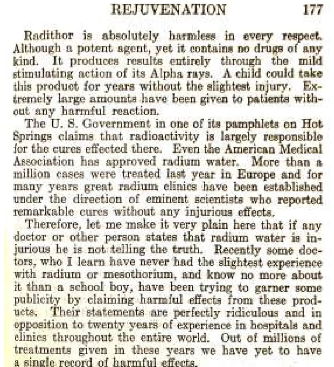 A printed book page headed Rejuvenation, 177, beginning Radithor is absolutely harmless in every respect.