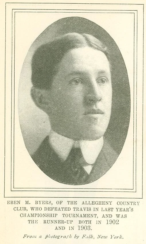 An oval magazine portrait of a young man with parted hair and a high collar, with a printed caption naming Eben M. Byers.