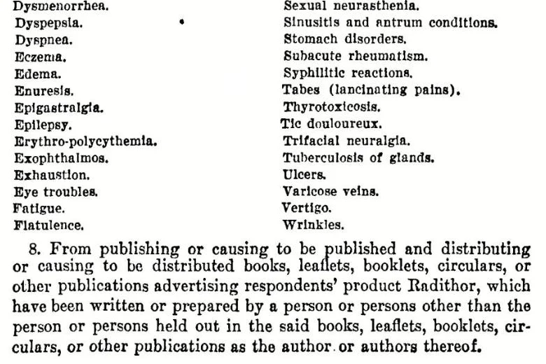 A printed page with two columns of medical conditions ending in Flatulence and Wrinkles, above paragraph 8 of the order, on books written by persons other than their named authors.