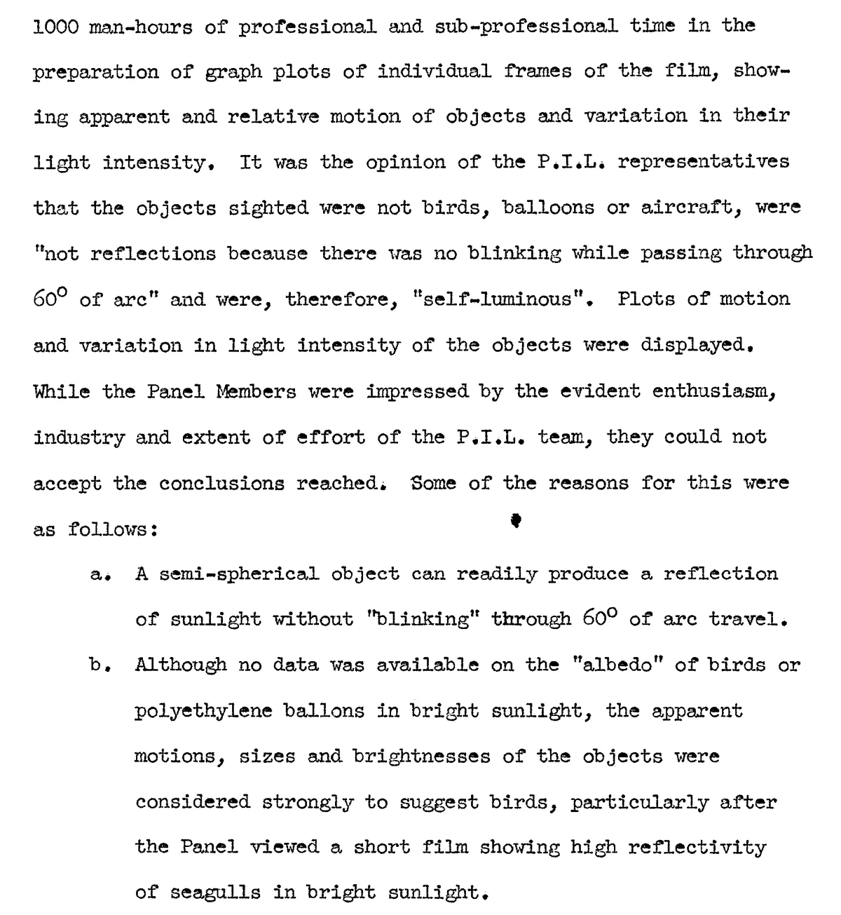 A typed page passage about 1000 man-hours of film analysis, the analysts' view that the objects were self-luminous, and the panel's reasons for rejecting it, including a film of seagulls.