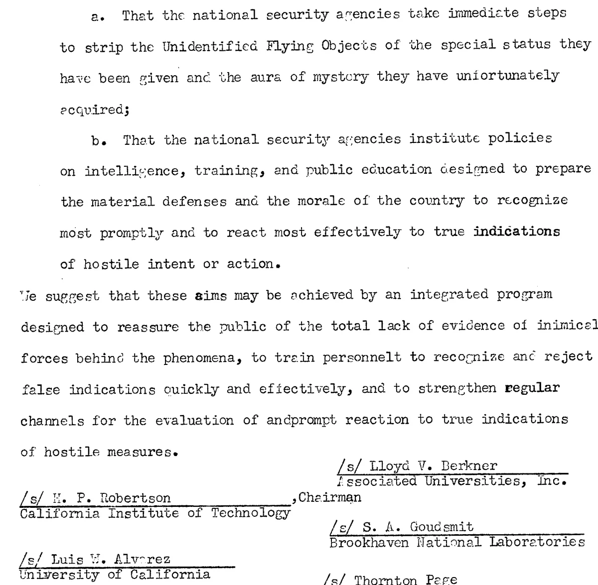 The typed recommendations of a report, ending with the typed signature lines of Berkner, Robertson as chairman, Goudsmit, Alvarez and Page.