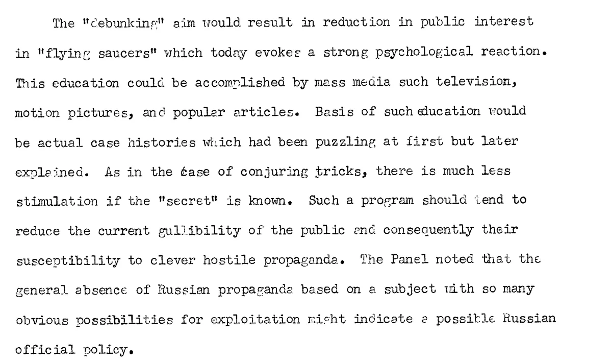 A typed paragraph beginning The debunking aim would result in reduction in public interest in flying saucers, mentioning television, motion pictures and conjuring tricks.