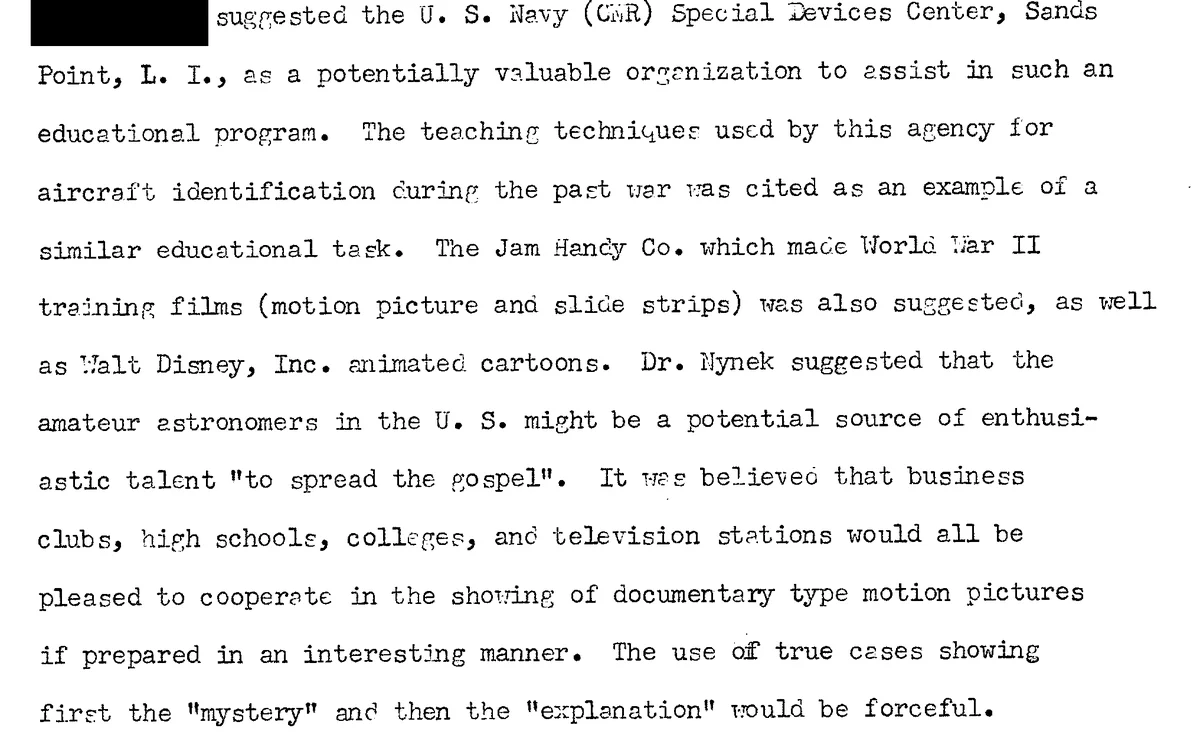 A typed passage, with one name blacked out, naming the Jam Handy Co., Walt Disney, Inc. animated cartoons and amateur astronomers, and proposing films showing first the mystery and then the explanation.