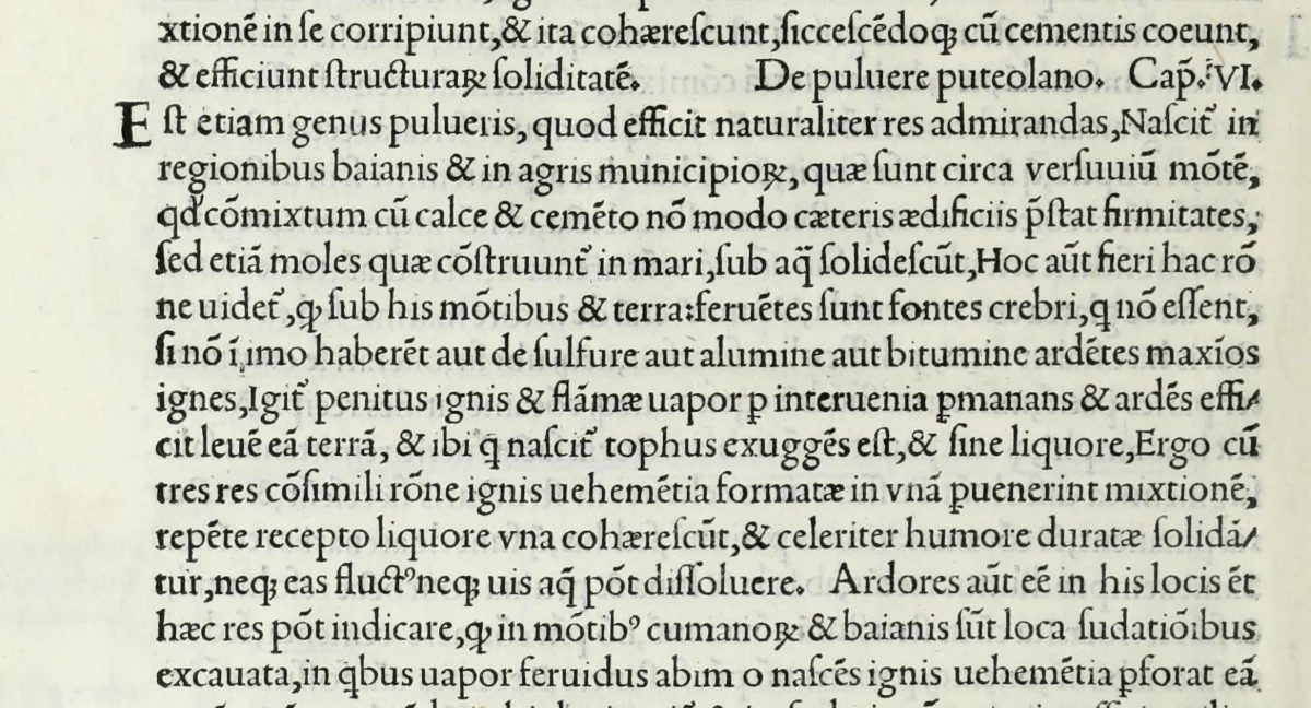 A printed page of Latin text in an early typeface, with the chapter heading De puluere puteolano, Cap. VI, in the middle of the page.