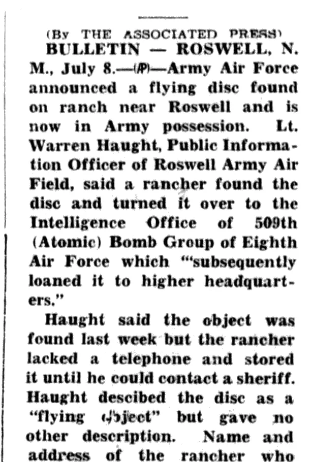 A newspaper column: the Associated Press bulletin from Roswell, 8 July, saying the Army Air Force announced a flying disc found on a ranch near Roswell.