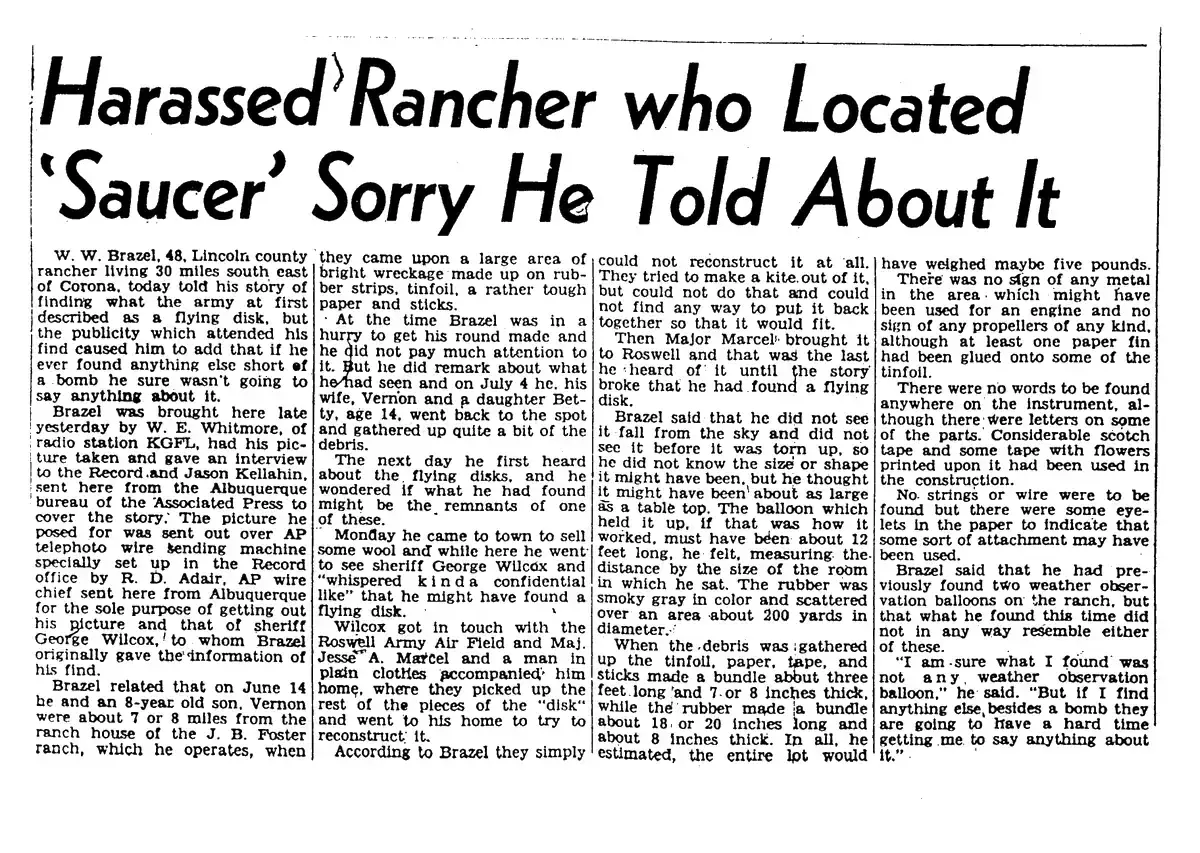 Newspaper clipping headed Harassed Rancher who Located Saucer Sorry He Told About It, four columns of text.