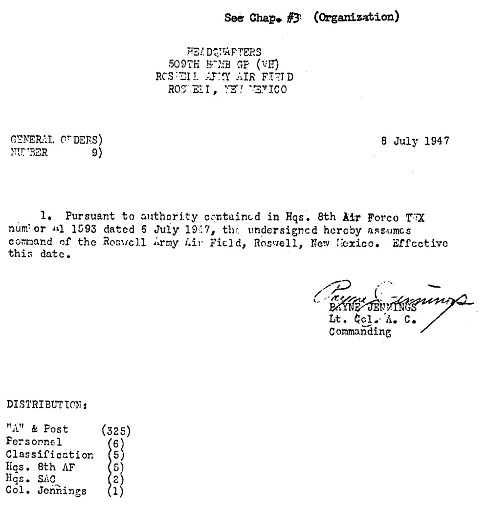 A typed order headed Headquarters 509th Bomb Group, Roswell Army Air Field, General Orders Number 9, dated 8 July 1947, signed by Payne Jennings.