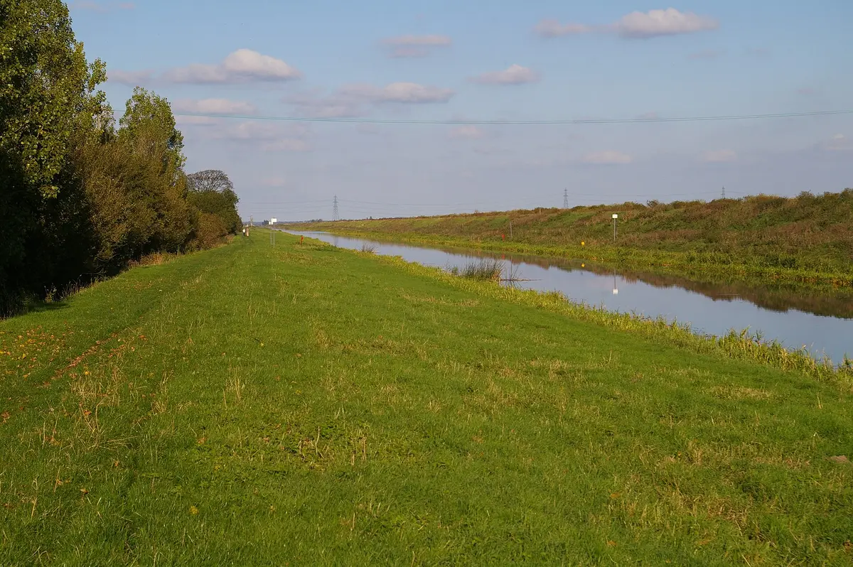 The Old Bedford River near Welney: a straight, still channel running to the horizon between long grassy banks, with a line of trees on the left.
