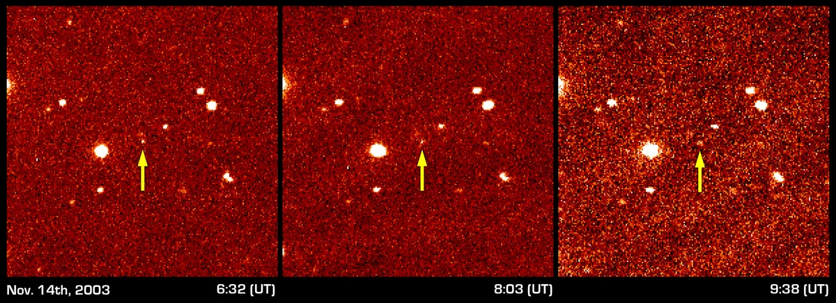 Three red-tinted frames of the same star field, timed 6:32, 8:03 and 9:38 UT on 14 November 2003, with a yellow arrow pointing to a faint dot that shifts between them