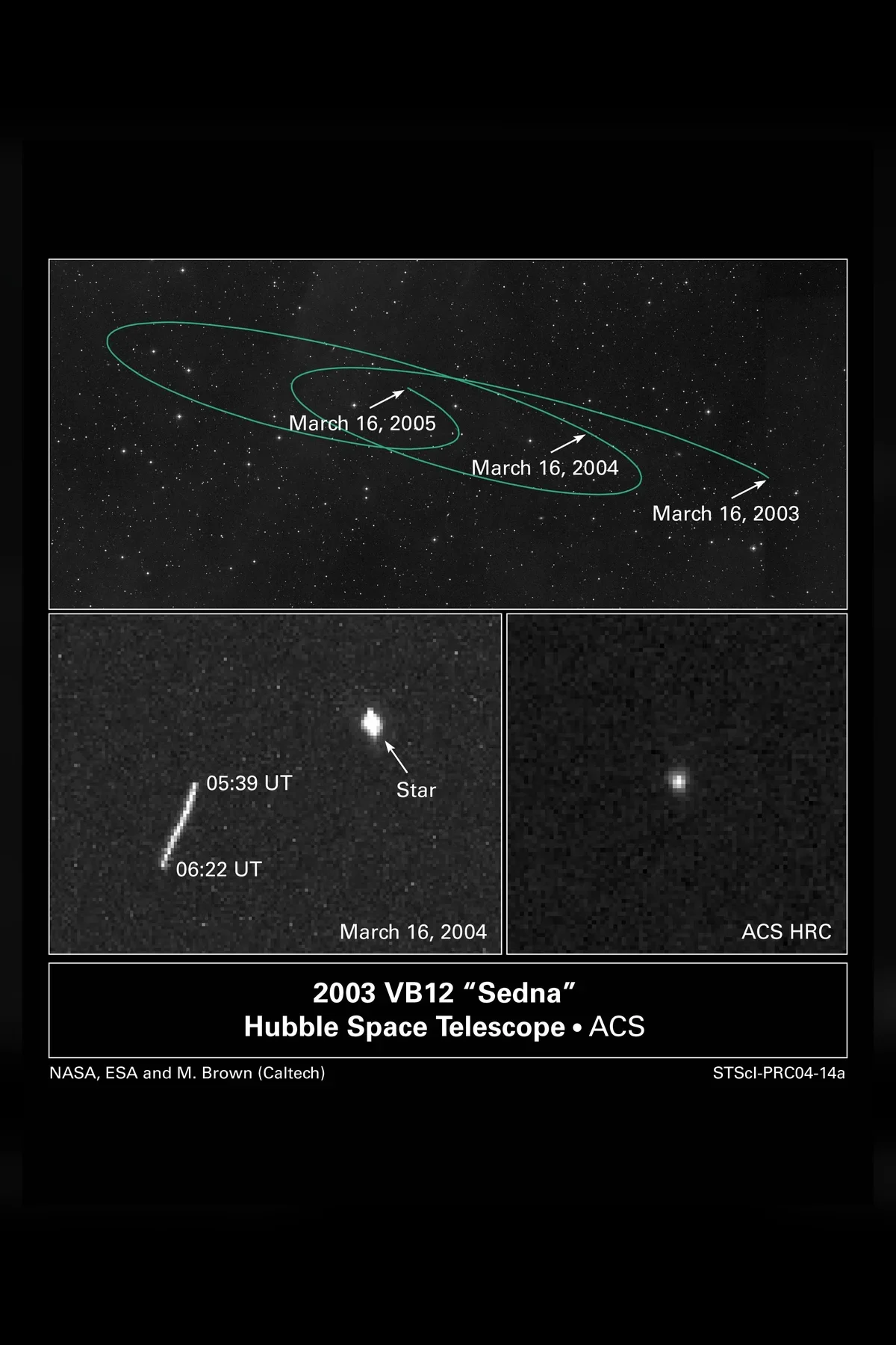 A Hubble release panel titled 2003 VB12 Sedna: above, a curving predicted path through the stars marked for 2003, 2004 and 2005; below, Sedna's short trail beside a star, and a close view where it is a single point of light
