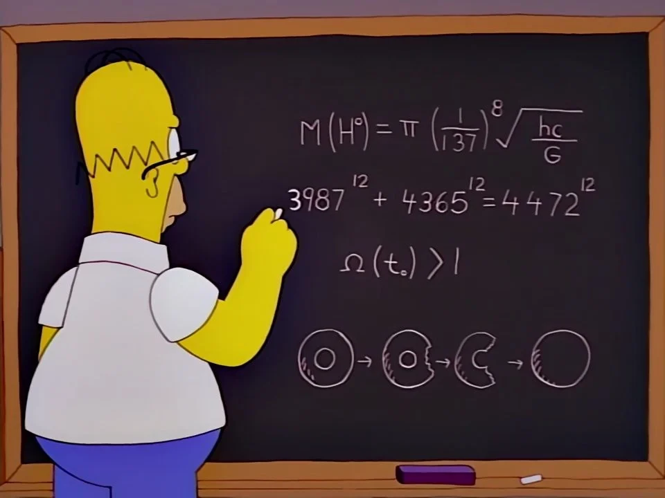 Homer in glasses at a blackboard of equations, with a row of doughnut drawings below them.