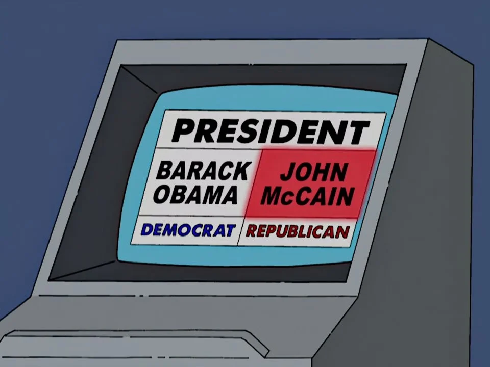 A voting machine screen reading Barack Obama and John McCain, with the McCain box lit red.