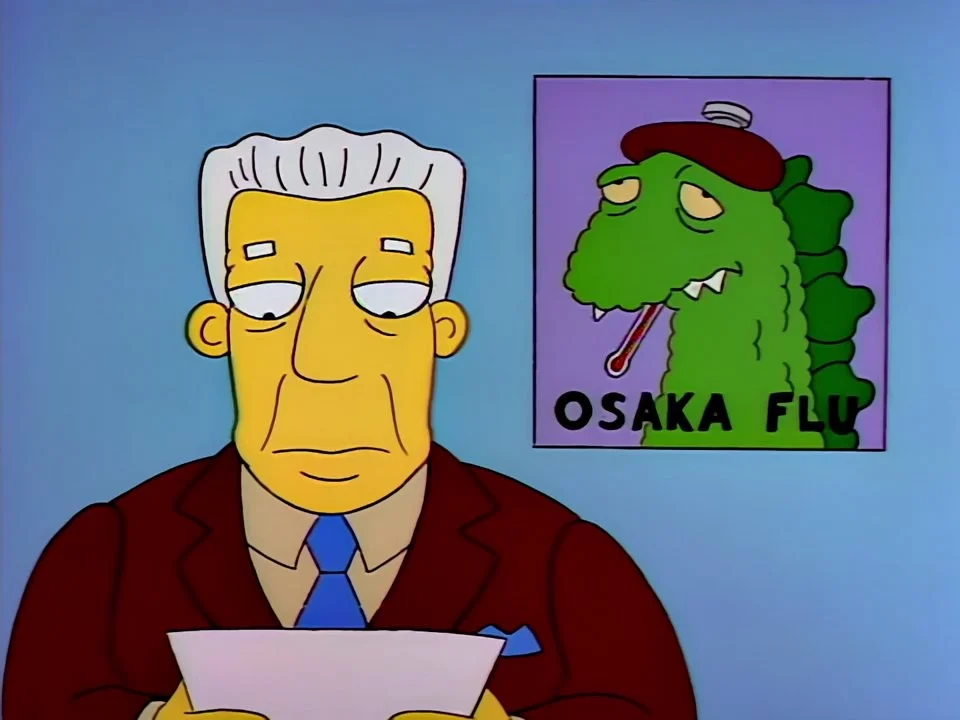 A newsreader beside an inset of a green monster with a thermometer, labelled Osaka Flu.