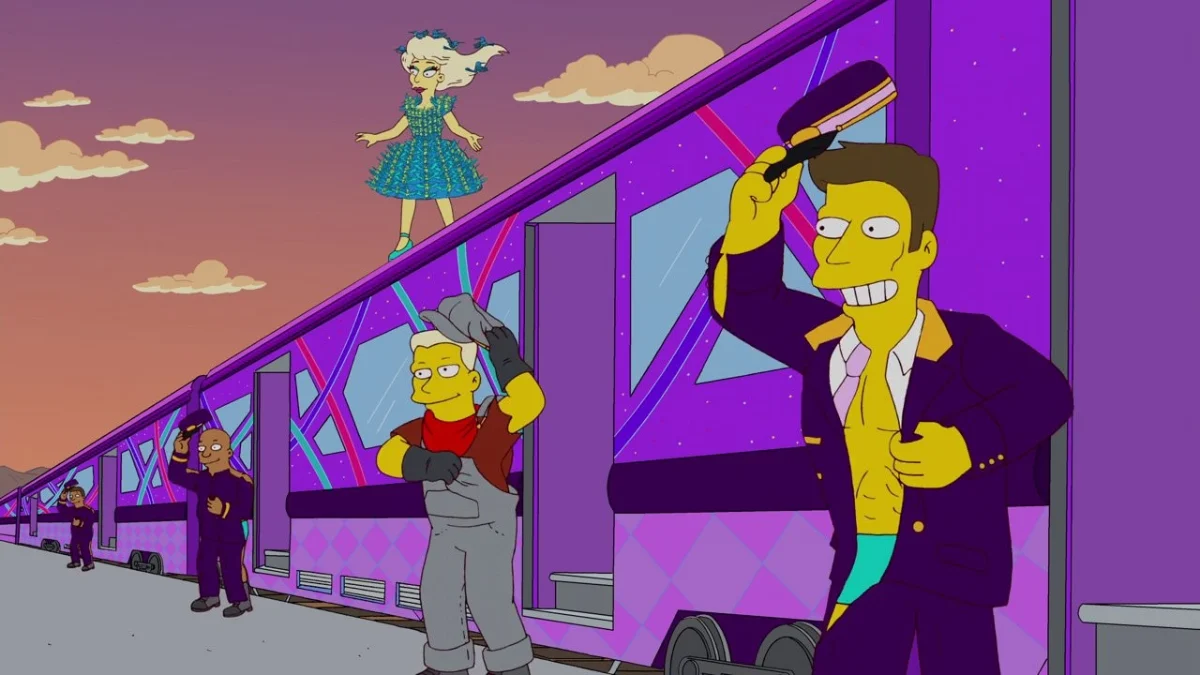 A cartoon Lady Gaga in a blue-green dress of hummingbirds hanging in the air above a purple train.