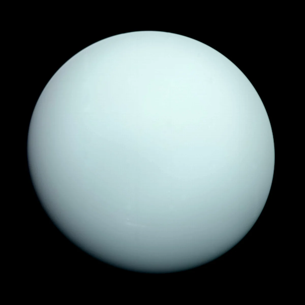 Uranus as a smooth, almost featureless pale blue-green globe against black space