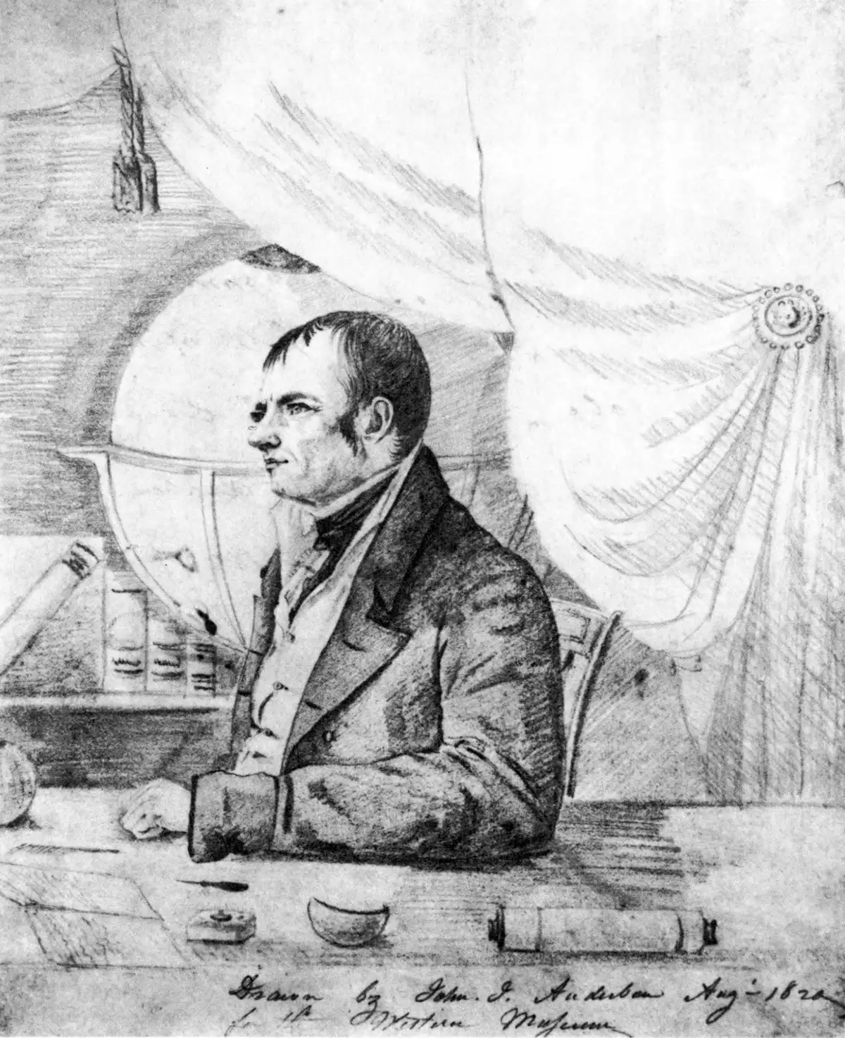 A pencil portrait of Symmes seated at a desk in a dark coat, with a large globe and draped curtains behind him.