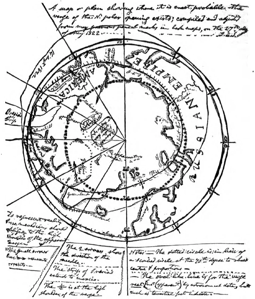 Symmes's hand-drawn map of the north polar region, 1822: a circle of coastlines around a central opening, with handwritten notes around the edge.