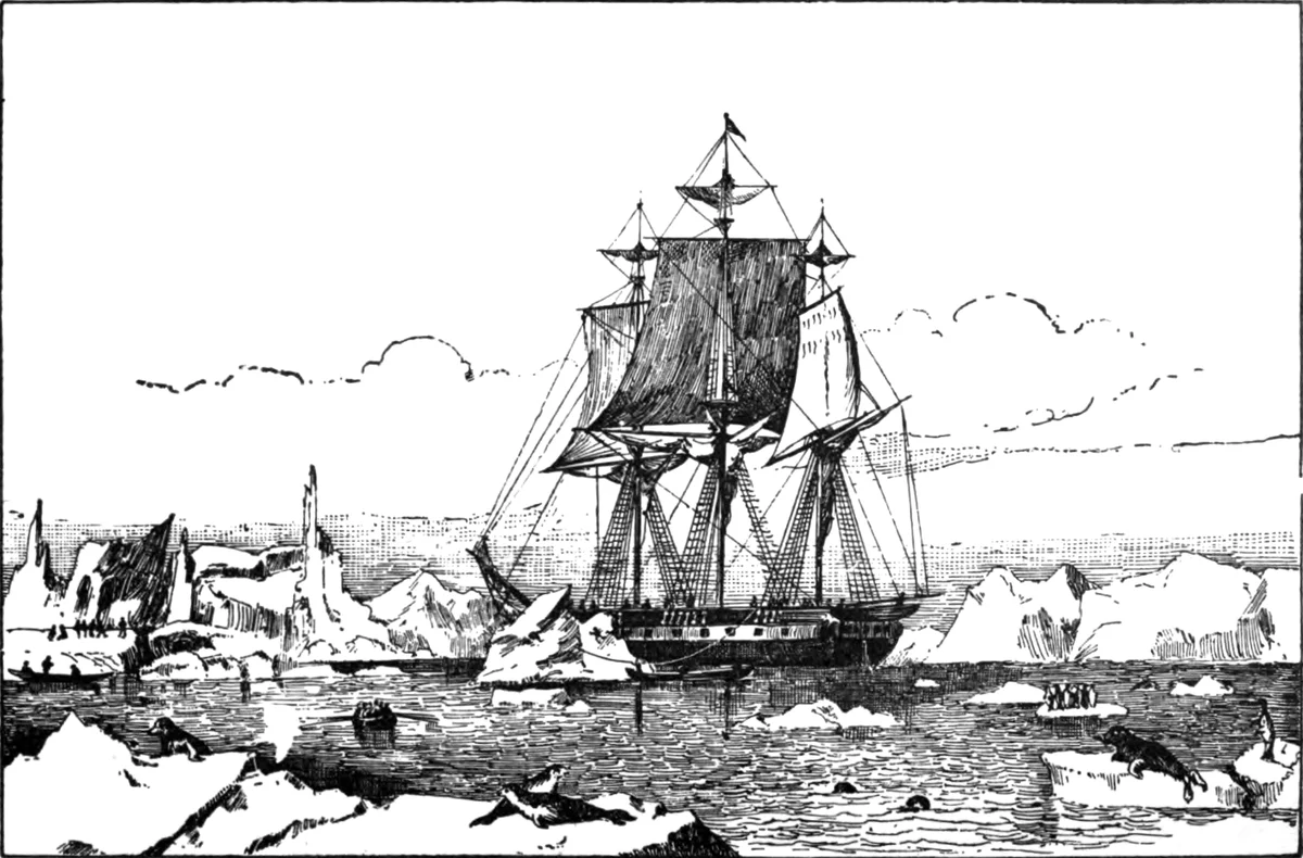 An engraving of the sloop Vincennes under sail among icebergs and floating ice.