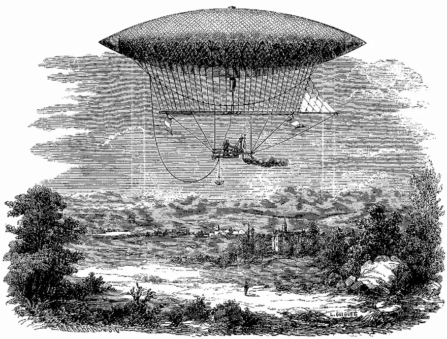 An engraving of a long pointed gas envelope above a slung platform with a small figure and an engine, over a wooded landscape.