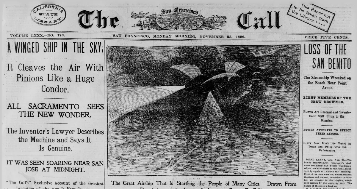 The top of an old newspaper front page, with stacked headlines at left and a large drawing of a winged craft throwing a beam of light onto water.
