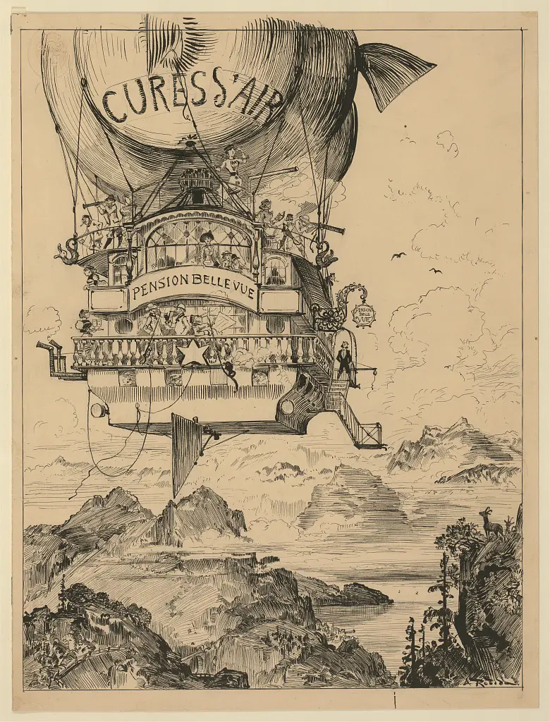 A drawing of a gas envelope lettered Cures d'Air carrying a many-storeyed boarding house over mountain peaks.